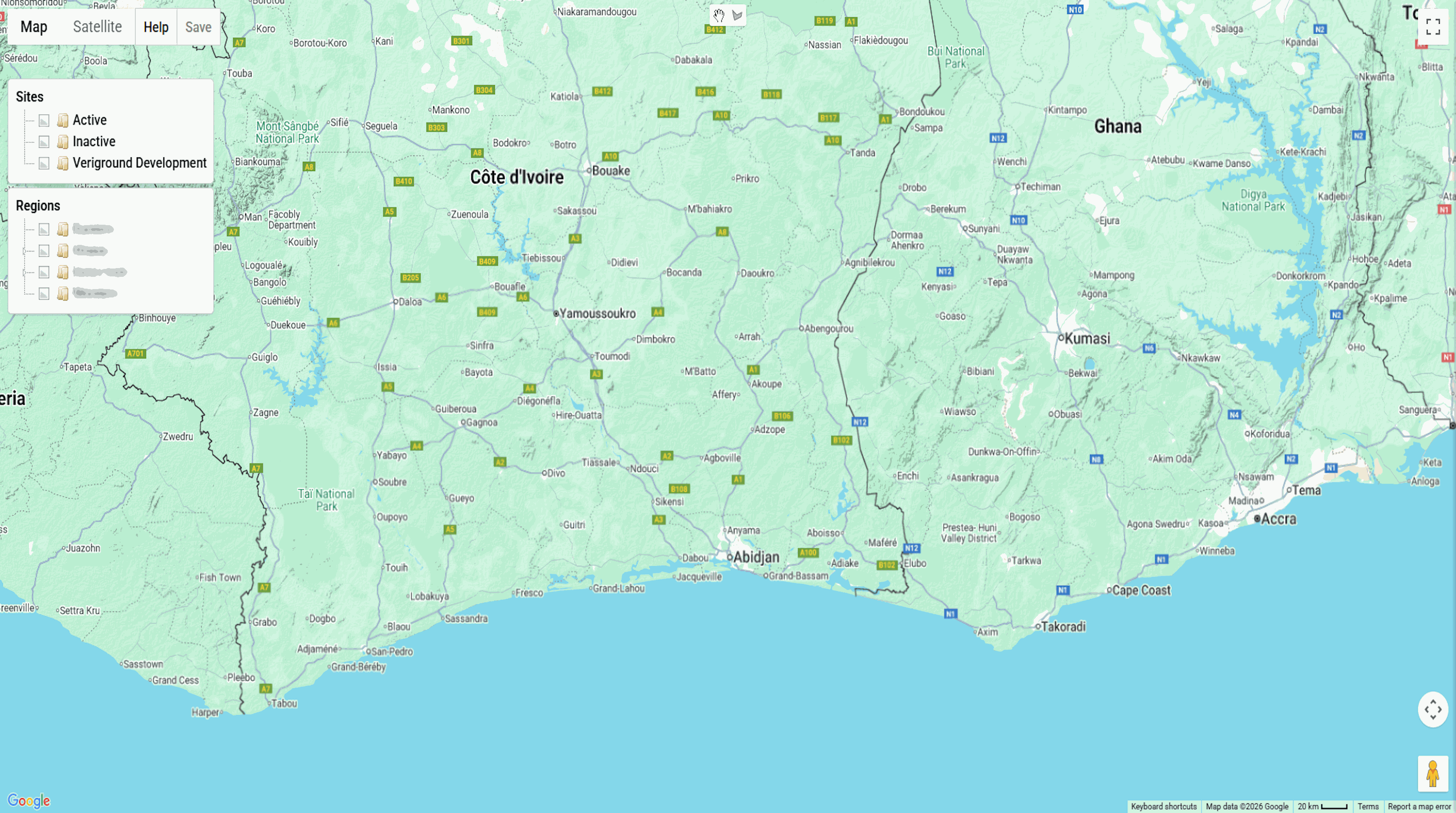 Veriground Points of Interest editor showing map locations