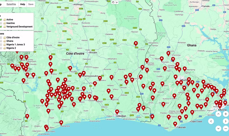 Veriground Regions Editor showing custom weather regions on a map